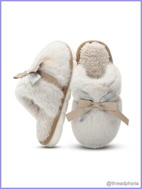 Fuzzy Faux Fur Memory Foam House Slippers Bow Cozy Indoor Outdoor
